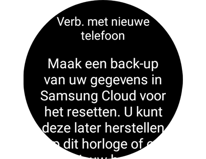 Weergave van het scherm "Verb. met nieuwe telefoon" met het bericht dat een back-up van de gegevens moet worden gemaakt.