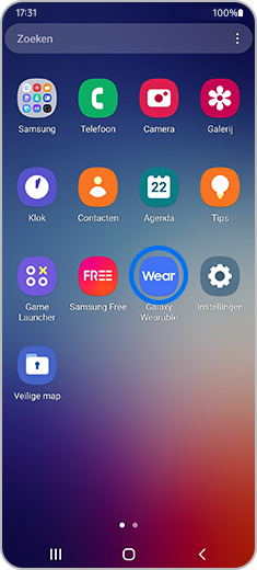 Weergave van het pictogram 'Galaxy Wearable' gemarkeerd.