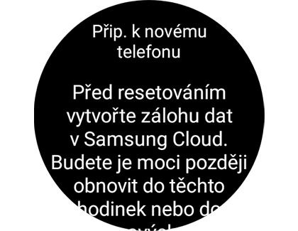 Obrázek znázorňující obrazovku „Přip. k novému telefonu“ se zprávou vyzývající k zálohování dat.
