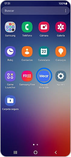 Vista del icono de "Galaxy Wearable" resaltado.