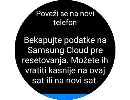 Prikaz ekrana „Poveži se na novi telefon” sa porukom da treba napraviti rezervnu kopiju podataka.