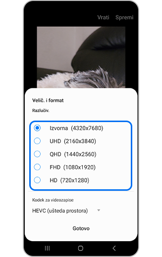 Prikaz dostupnih rezolucija videozapisa.