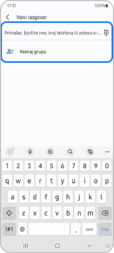 2. korak. Snimak ekrana novog razgovora s istaknutim opcijama "Primalac" i "Kreiraj grupu".