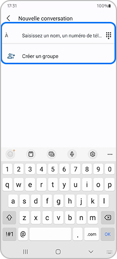 Étape 2. Capture d'écran d'une nouvelle conversation avec les options « À » et « Créer un groupe » en surbrillance.
