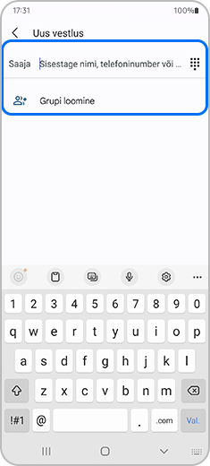 2. samm. Kuvatõmmis uue vestlusega, kus on märgistatud valikud Saaja ja Grupi loomine.