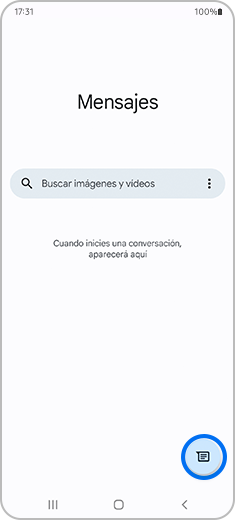 Vista de la pantalla principal de Android Message con el botón de nuevo mensaje destacado.