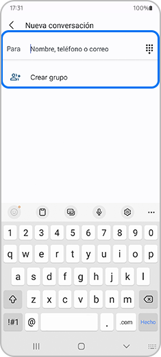 Captura de pantalla de una nueva conversación con las opciones "Para" y "Crear grupo" resaltadas.