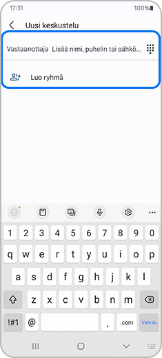 Vaihe 2. Näyttökuva uudesta keskustelusta Vastaanottaja ja Luo ryhmä korostettuina.