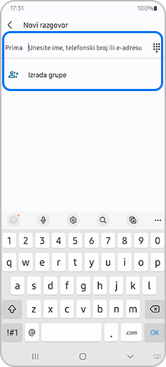 2. korak. Snimka zaslona novog razgovora s istaknutim opcijama "Prima" i "Izrada grupe".