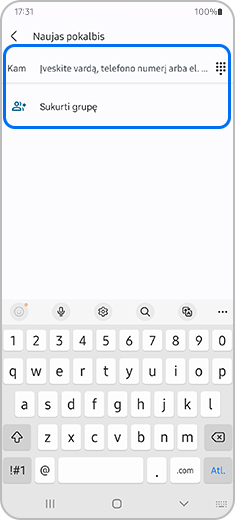 2 žingsnis. Naujo pokalbio ekrano kopija su paryškintomis parinktimis „Kam“ ir „Sukurti grupę“.