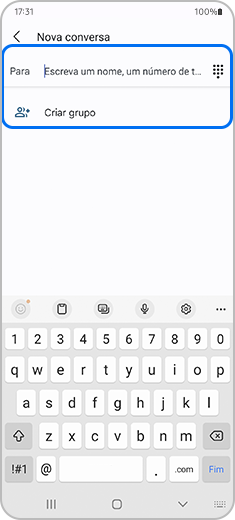 Captura de ecrã com uma nova conversa com as opções “Para” e “Criar grupo” realçadas.