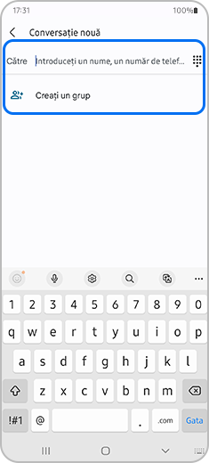Pasul 2. Captură de ecran cu o conversație nouă, cu opțiunile „Către” și „Creați un grup” evidențiate.