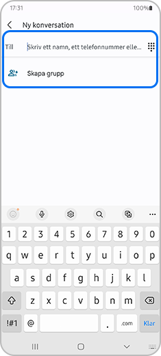 Steg 2. Skärmbild av en ny konversation med alternativen ”Till” och ”Skapa grupp” markerade.