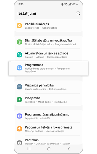 Iestatījumu izvēlnē izcelta sadaļa "Programmas".