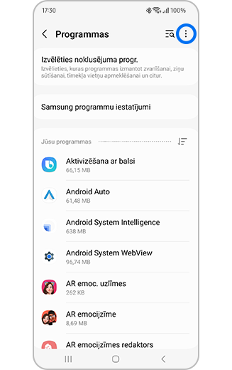 Programmu izvēlnē izcelta papildu opciju ikona.