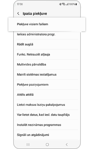Īpašas piekļuves izvēlnē izcelta opcija "Piekļuve visiem failiem".