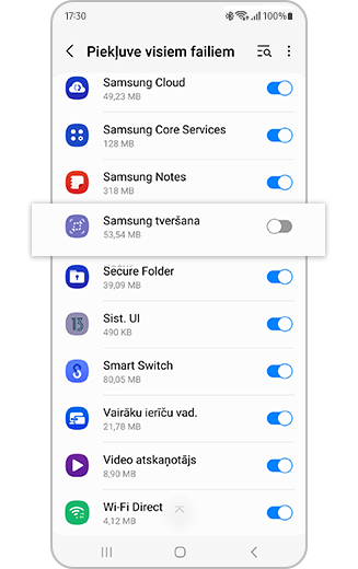 Izcelta opcija "Samsung tveršana".