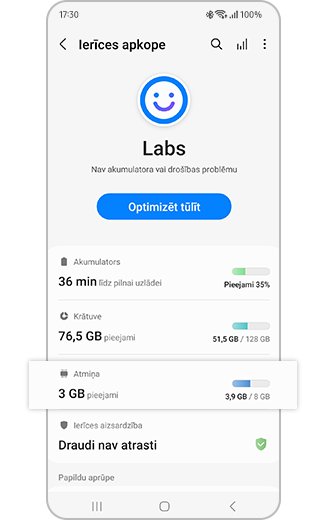 Ierīces apkopes izvēlnē izcelta opcija "Atmiņa".