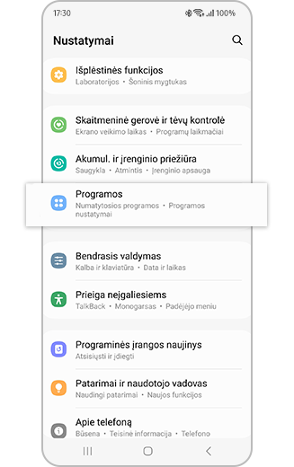 Nustatymų meniu paryškintos Programų parinkties atvaizdas.