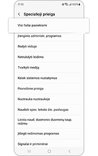 Parinkties „Visi failai pasiekiami“ Specialiosios prieigos meniu atvaizdas.
