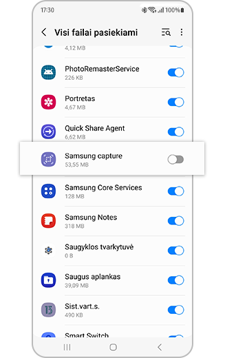 Pažymėtos „Samsung capture“ parinkties atvaizdas.
