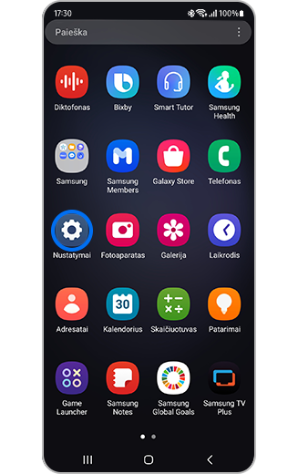 Pradžios ekrane paryškintos Nustatymų piktogramos atvaizdas.