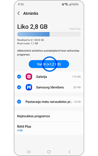 Paryškinto „Valyti dabar“ mygtuko atvaizdas.