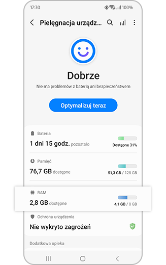 Widok opcji Pamięć podświetlonej w menu Pielęgn. baterii i urządzenia.