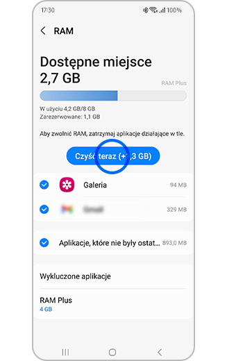 Widok podświetlonego przycisku Czyść teraz.