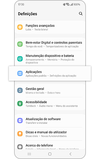 Vista da opção Aplicações em destaque no menu de Definições.