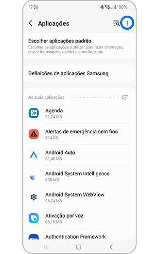Vista do ícone de mais opções em destaque no menu de Aplicações.