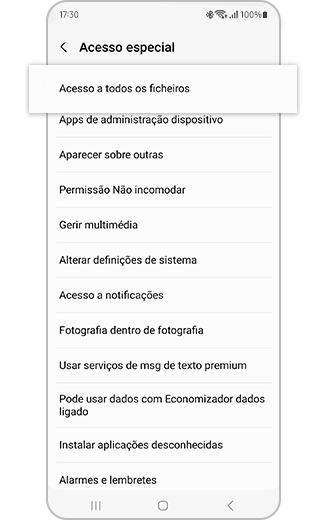 Vista da opção de Acesso a todos os ficheiros, dentro do menu de Acesso especial.