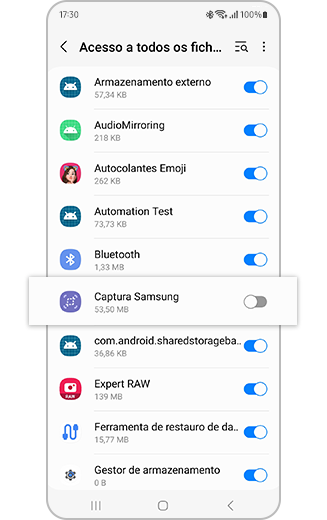 Vista da opção Captura da Samsung em destaque.