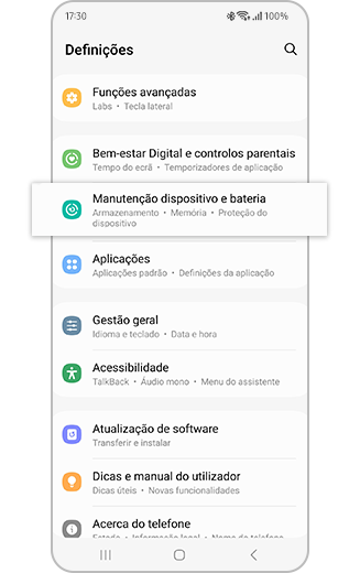 Vista da Manutenção do dispositivo e bateria em destaque no menu de Definições.