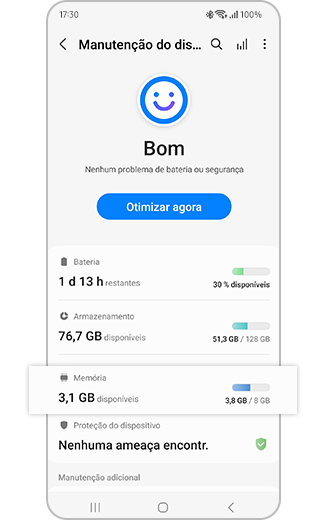 Vista da opção Memória em destaque no menu de Manutenção do dispositivo.