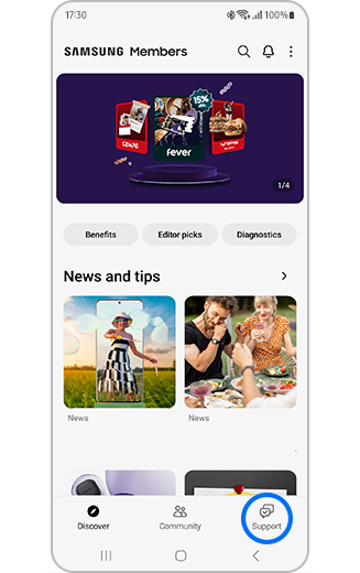View of Samsung Members with Support option highlighted.