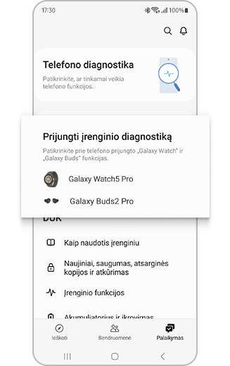 „Galaxy Members“ palaikymo atvaizdas su prijungtais įrenginiais.