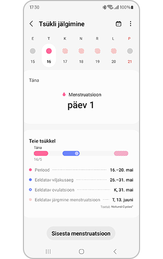 Tsükli jälgimise kalender ja prognoositud kuupäevad.
