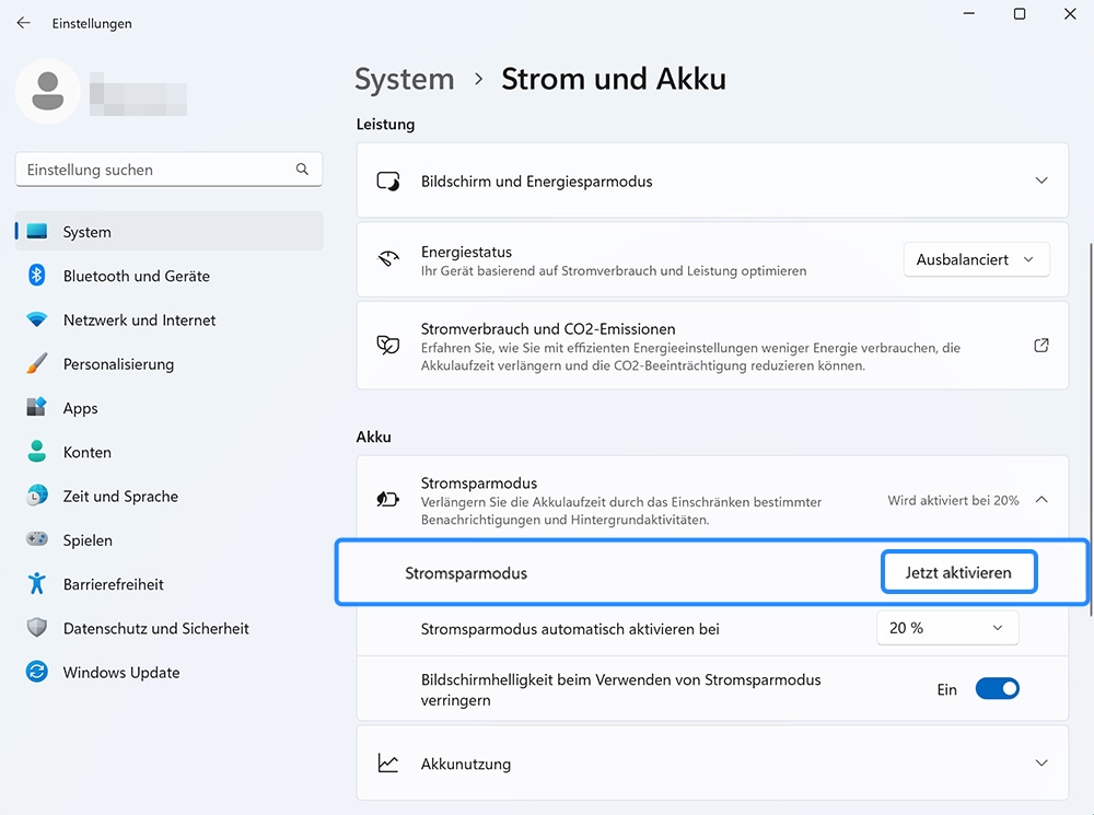 Energiesparen-Option mit hervorgehobener Ausschaltung.