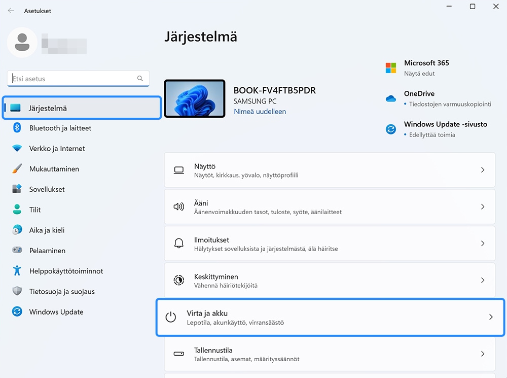 Kuva virta- ja akkuasetuksista.