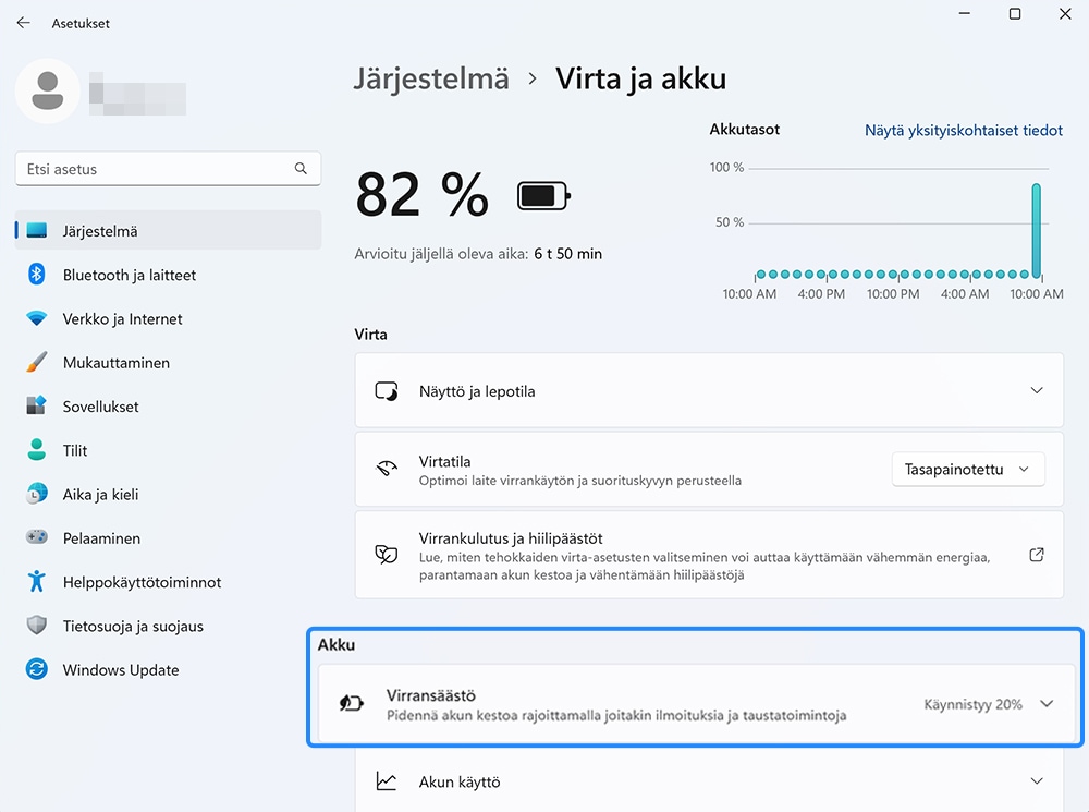 Kuva virransäästöasetuksesta.