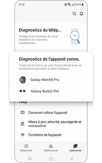 Assistance Galaxy Members avec dispositifs connectés en surbrillance.