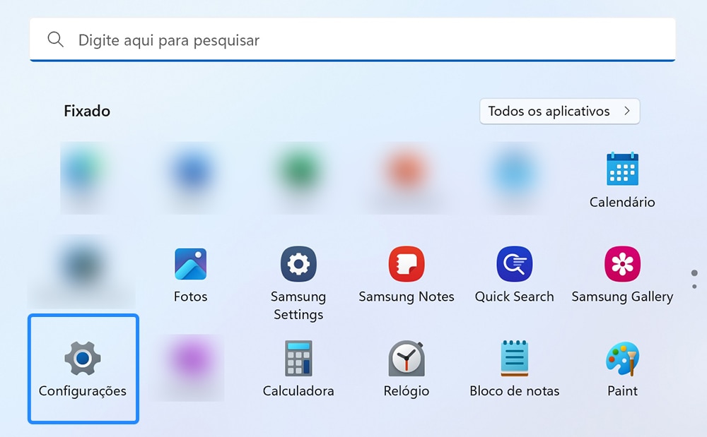 Vista das opções de Configuração.