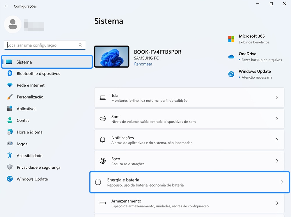 Vista das configurações de Energia e Bateria.