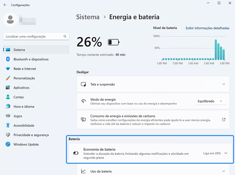 Vista da opção de Economia de bateria.
