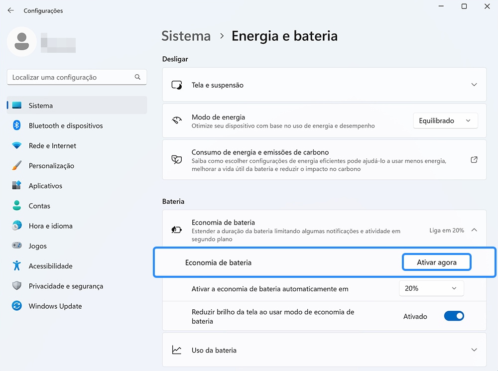Exibição da opção de Economia de bateria, com desligar realçado.
