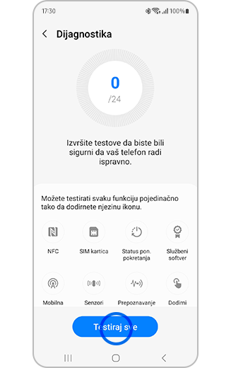 Prikaz značajke Dijagnostika s označenim gumbom Testiraj sve.