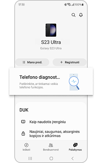 „Galaxy S23 Ultra Diagnostics“ vaizdas su paryškinta telefono diagnostika.