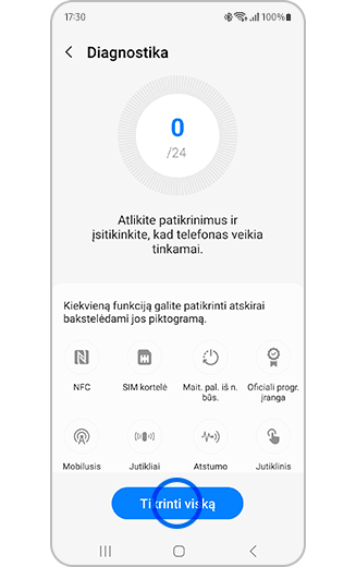 Diagnostikos vaizdas su paryškintu mygtuku „Tikrinti viska“.