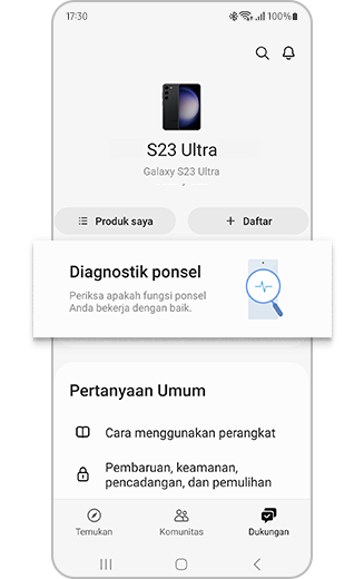 Tampilan diagnostik Galaxy S23 Ultra dengan Diagnostik ponsel disorot.